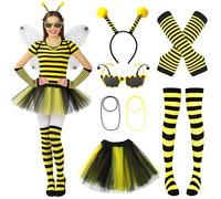 Apricitie Disfraz de abeja, 7 unidades, accesorio para niños y adultos, carnaval, abeja, cosplay, con medias, guantes, gafas, cinta para la cabeza de abeja, collar, mini faldas para cosplay
