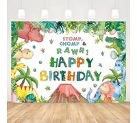 APROPHIC Fondo de fotografía de dinosaurio para niños, fondo de cumpleaños, dibujos animados, divertido Happy Birthday Photo Fondo, hoja verde, lindos dinosaurios accesorios, pancarta 210 x 150 cm