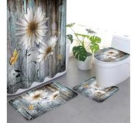 APROPHIC Juego de 4 cortinas de ducha con diseño de margaritas blancas y retro, juego de baño con cortina de ducha y alfombra, alfombrilla para tapa de inodoro y almohadilla en forma de U, lavable con