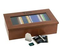 APS 11574 - Caja de té de madera con inscripción "Tee", ventana transparente y 33,5 x 20 x 9 cm, color marrón y 4 compartimentos (aproximadamente 30 bolsas de té)