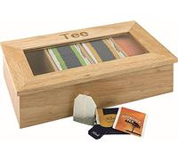 APS 11575 - Caja de té de madera con ventana y 4 compartimentos para bolsas de té, tapa abierta, color natural, 4 compartimentos para 30 bolsitas de té
