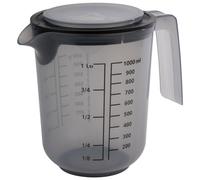 APS 30072 - Jarra medidora con tapa, con escalas de medición para líquidos (l/ml), azúcar (g) y harina (g), volumen 1 litro/diámetro de 12,5 cm/altura 16 cm/apto para lavavajillas, color gris
