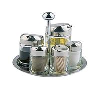 Vinagrera, vinagrera y aceitera APS, estante de mesa para sal, pimienta, vinagre, aceite, palillos, estante giratorio, recipiente de vidrio con tapa de acero inoxidable y cierre giratorio, 16 x 16 cm, 20 cm de altura