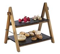 APS Estante para servir, estante de 2 niveles de madera de acacia con dos placas de pizarra, plegable, lavable, también apto para alimentos fríos y para enfriar