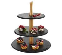 APS Etapa de 3 niveles, placas de pizarra, Ø 30 cm, Ø 25 cm, Ø 20 cm, H:34 cm, madera de acacia