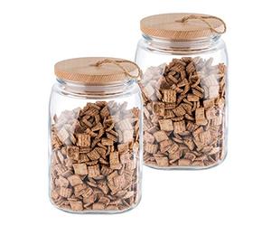 APS Juego de 2 tarros de cristal Woody de alta calidad con tapa de madera. Gracias a la junta de silicona, el aroma del contenido permanece presente durante más tiempo, 2,5 litros