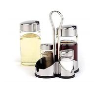 Pimentero y salero APS "Economic", 4 piezas con recipiente de acero inoxidable Salero, recipiente de cristal transparente con tapa de acero inoxidable y tapa giratoria, 10,6 x 11 cm, 21,8 cm de altura