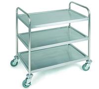 Carro de servicio APS, carro de transporte de acero inoxidable, carro de servicio con tres estantes, ancho x fondo x alto: 91 x 59 x 93 cm, distancia entre estantes aprox. 26 cm, 4 ruedas giratorias, 2 con topes, carro con carga máxima de 120 kg
