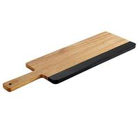 APS - Tabla de servir Acacia de pizarra, 42 x 18 x 1,5 cm, madera de acacia y pizarra natural, mango 14 cm, agujero colgante, diámetro 1 cm