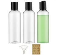 Apstaqeoo 3 botellas de plástico de 200 ml con tapa abatible en la parte superior de disco, botellas vacías para apretar, contenedor de viaje rellenable, dispensador con embudo y etiqueta para