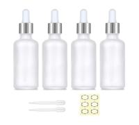 Apstaqeoo 4 botellas cuentagotas de vidrio transparente esmerilado de 50 ml, botella vacía con pipeta recargable, botella cuentagotas de tintura, tapa plateada para aceite esencial, aromaterapia,