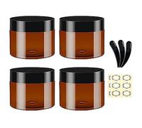 Apstaqeoo Recipientes redondos para cosméticos, 4 unidades, tarros de plástico ámbar de 120 ml con tapas negras, 3 espátulas y 6 etiquetas, tarros de viaje recargables para loción, ungüentos, cremas