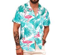 APTRO Camisa Hawaiana Hombre Camisas Hombre Manga Corta de Vacaciones Funky de Aloha Verano Playa Casual Camiseta S-5XL Flamingo Hoja Verde M097 3XL