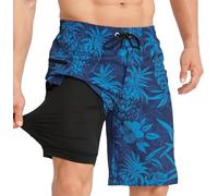 APTRO Pantalones cortos de natación para hombre, con bolsillos con cremallera, 2 en 1, con forro de compresión, elástico en 4 direcciones, secado rápido, para surf, verano, playa, Piña Azul Oscuro