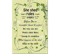 Apular Letrero de metal de 20 x 30 cm, con texto en inglés "She Shed Rules What Happens in The Shed Stays in The Shed", placa de impresión vintage, regalo de cumpleaños, jardín, patio, decoración de