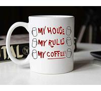 Apular Novedosa taza de café de cerámica con texto en inglés "My House My Rules My Coffee" divertida taza de aniversario, cumpleaños, Navidad, regalos de té, decoración del hogar, 325 ml