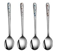 APULLYA - Cucharas de sopa coreanas, acero inoxidable 18/8 con mango largo de 8 pulgadas, cucharas de cena de metal asiático, juego de 4 (flor y hoja)