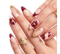 APXEL 24PCS Francesa Uñas Postizas con Forma de Almendra | Uñas Postizas Almendradas Punta, Base Color Nude con Degradado Burdeos, Flores Glossy Press on Nails Para Mujeres y Niñas