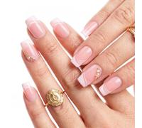 APXEL 24PCS Uñas Postizas Cortas Cuadradas, Francesa Uñas Postizas | Fondo Color Nude con Líneas Francesas Diagonales Blancas+Cuentas de Oro y Diamantes, Press on Nails para Mujeres y Niñas
