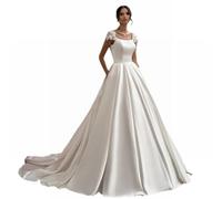 APZKNHDA Vestido de Novia Simple Y Sensual Vestido de Novia de Satén Claro con Encaje de Tul Y Pequeña Fregona, White, 14