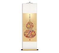 AQCDPJYU Pintura de pergamino de calabaza auspiciosa, decoración tradicional de arte clásico en seda, colgante Feng Shui chino hecho a mano, listo for regalar.(Creamy White,40L x 128W cm)