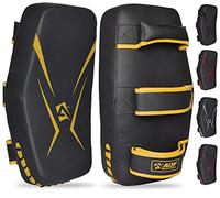 AQF Thai Pads para Kickboxing Muay Thai Mango Sólido, Escudo de Golpe Curvo de Cuero Maya para Boxeo MMA Artes Marciales Taekwondo, Entrenamiento Deportes Combate Codos Patadas Golpes (Par, Oro)