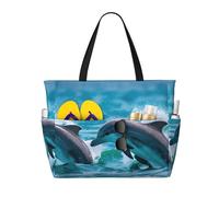 AQHNBM Dolphins in the sea - Bolsa de playa grande impermeable para mujer, a prueba de arena, con cremallera, para viajes, vacaciones, piscina