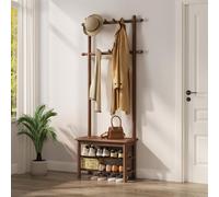 AQIMUELE Perchero Zapatero de Madera, Perchero con Banco Recibidor, 3 en 1, 11 Ganchos, estantería, para Entrada Pasillo, 30 x 60 x 170 cm, Moderno, Nogal