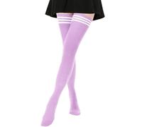 AQOKKA Calcetines extra largos hasta el muslo para mujer, a rayas, por encima de la rodilla, calcetines largos hasta el muslo, calentadores de piernas, 1 par extralargo: morado claro con rayas blancas