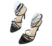 AQQWWER Sandalias de tacón alto para mujer, zapatillas de verano, tacón fino, charol, puntera abierta, sexis, negro, 41 1/3 EU