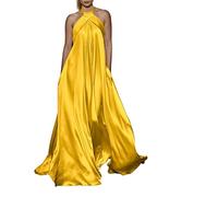 AQQWWER Vestido para Mujer Bohemian Ladies Baggy Slik Vestidos Women Satin Long Maxi Dress Sexy Backless Sleeveless Off Shoulder Sundress (Color : Yellow, Size : M)