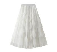 AQQYA Faldas de tul para mujer, falda de malla escalonada, cintura elástica, acampanada, falda larga de tul, Blanco B, Talla única