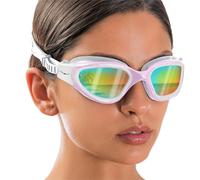 AqtivAqua Gafas de natación polarizadas para adultos y niños, 6 a 14 años, para hombres y mujeres, gafas de natación para niños y niñas, DX-R (blanco y azul, funda azul, polarizada + lente espejo)