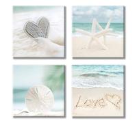 Aqua Beach - Cuadros Decorativos Lienzo para Pared con diseño de Conchas Marinas y Estrellas de mar para baño (12 Pulgadas x 12 Pulgadas x 4 Paneles)