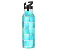 Aqua Tile Buffalo - Botella de agua a cuadros de acero inoxidable con tapa con pajilla, botella aislada para niños y niñas, deportes, 20 onzas (600 ml)