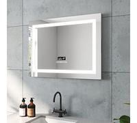 AQUABATOS Brussels - Espejo de baño con iluminación, 80 x 60 cm, Reloj Bluetooth, Altavoz táctil, Interruptor táctil, Regulable, Blanco frío, Blanco Neutro, Blanco cálido, Ajustable, antivaho