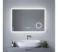 AQUABATOS® Echos - Espejo de baño (100 x 70 cm, Tipo D, con iluminación, antivaho, 3 aumentos, Reloj Digital, Interruptor táctil, Regulable, Blanco frío, 6400 K)