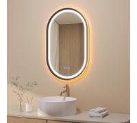 AQUABATOS Espejo de baño con iluminación, ovalado, negro, horizontal, vertical, 50 x 80 cm, marco de aluminio, diseño inclinado, iluminación LED directa e indirecta, antivaho, táctil, regulable con