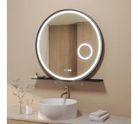 AQUABATOS Espejo de baño con iluminación y estante redondo de 80 cm, marco de aluminio, diseño inclinado negro, iluminación LED directa, reloj, espejo cosmético, calefacción del espejo, táctil