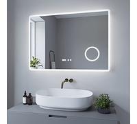 AQUABATOS® Espejo de baño de 100 x 70 cm con iluminación, espejo de pared LED, interruptor táctil, regulable + blanco frío 6400 K + antivaho + espejo de maquillaje de 3 aumentos