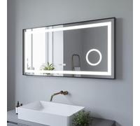 AQUABATOS Espejo de baño LED de 120 x 60 cm con iluminación, espejo de baño, reloj digital, marco de aluminio, color negro mate, táctil, regulable, blanco frío, sin vaho, calefacción, espejo de