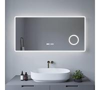 AQUABATOS® Espejo de baño Serie BORAS 120 x 60 cm, Tipo D, Espejo de baño con iluminación, antivaho, Espejo de Maquillaje, Espejo de Maquillaje con 3 aumentos, Reloj Digital, Interruptor táctil,