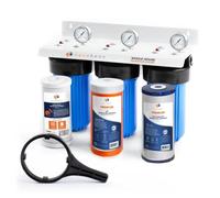 Aquaboon Sistema de filtración de agua de 3 etapas para toda la casa con sedimento reductor de incrustaciones de 5 micras, 10 x 4.5, reducción de metales pesados KDF y cloro de carbono, purificación