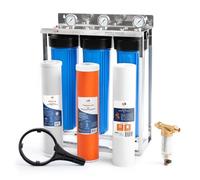 Aquaboon Sistema de filtro de agua de 3 etapas para toda la casa, 20 x 4.5 pulgadas con prefiltro y KDF, sedimentos, filtros de carbono, calibre y liberación, llave, marco de acero independiente