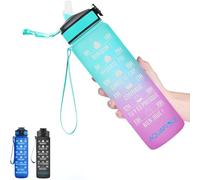 Aquafiole - Botella de 1 l de motivación en francés [sin BPA] con pajita adulta, botella graduada para 1 día, botella para beber más, deporte, camping, senderismo, bicicleta - rosa/verde