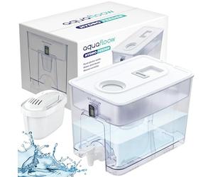 Aquafloow Jarra Filtrante 9,5L, Dispensador de Agua Todo en 1 con Grifo y Filtro, Reducción de Cal, Cloro, Plomo y Cobre en el Agua Potable - Solución Práctica