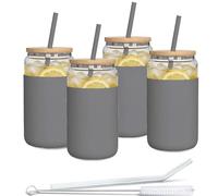 Aquafloow Vaso con pajita y tapa 500 ml | Vasos reutilizables Funda de silicona | Set de vasos - 2 pajitas y 1 varilla de limpieza | Para batidos, café, cócteles - 4 piezas - Gris