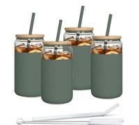 Aquafloow Vaso con pajita y tapa 500 ml | Vasos reutilizables Funda de silicona | Set de vasos - 2 pajitas y 1 varilla de limpieza | Para batidos, café, cócteles - 4 piezas - Verde