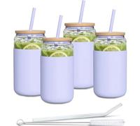 Aquafloow Vaso con pajita y tapa 500 ml | Vasos reutilizables Funda de silicona | Set de vasos - 2 pajitas 1 varilla de limpieza | Para batidos, café, cócteles - 4 piezas - Violeta