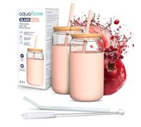 Aquafloow Vaso de Vidrio 500 ml con Funda de Silicona y Tapa de Bambú - 2 Pajitas Incluidas (Silicona y Vidrio), Resistente a Temperaturas de -20°C a 150°C